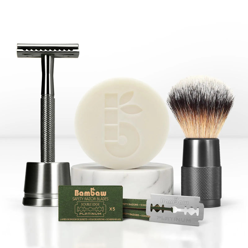 Bambaw Shaving set with safety razor, brush, soap, and blades on a white background