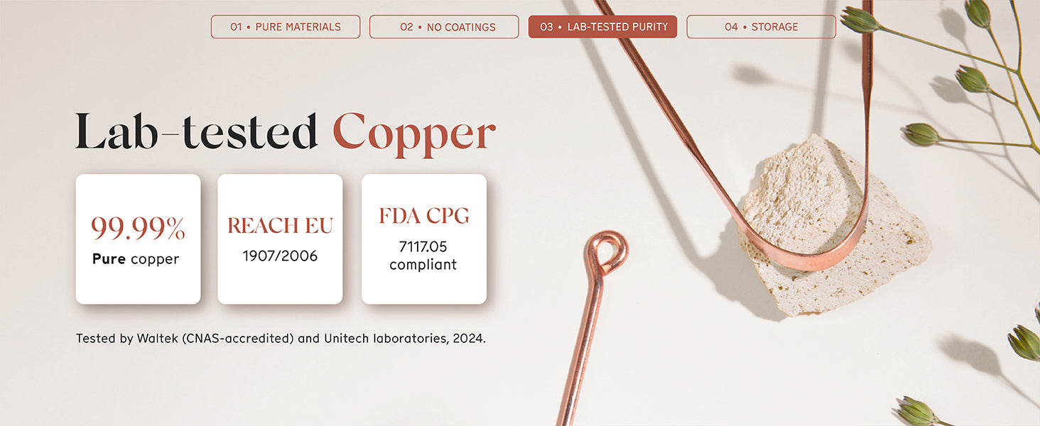 Arista copper tongue scraper shown on a light beige background with decorative dried stems and a small textured stone. Large text reads 'Lab-tested Copper' with quality badges including '99.