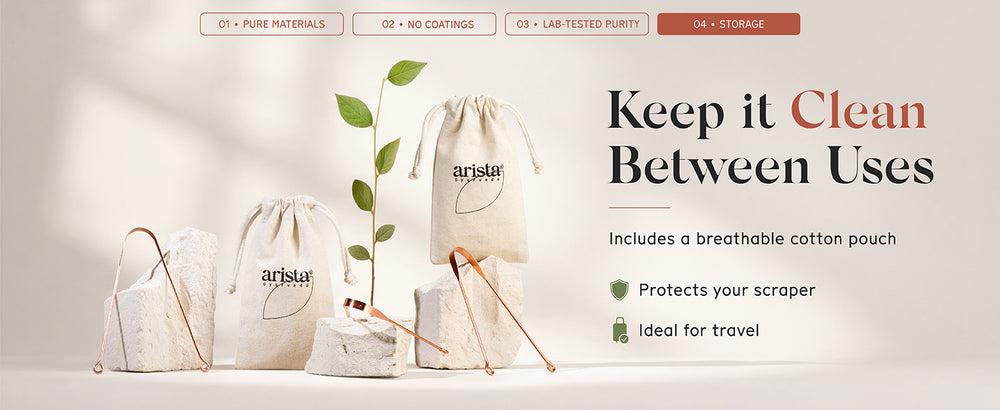 A set of white and beige arista artisanal cotton storage pouches with copper tongue scrapers, displayed on a light beige background with a small green sprig. The text on the right reads 'Keep it Clean Between Uses' with feature bullet points.