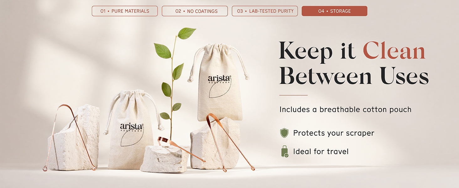 A set of white and beige arista artisanal cotton storage pouches with copper tongue scrapers, displayed on a light beige background with a small green sprig. The text on the right reads 'Keep it Clean Between Uses' with feature bullet points.