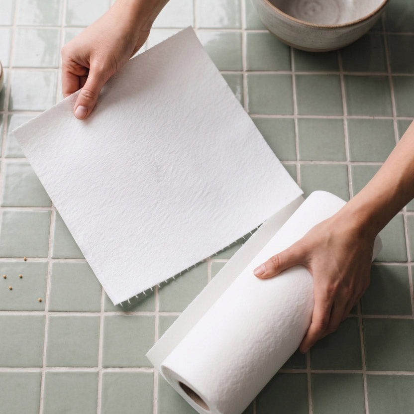 A close-up of hands unrolling a sheet of white reusable paper towel on a light green tiled surface.
