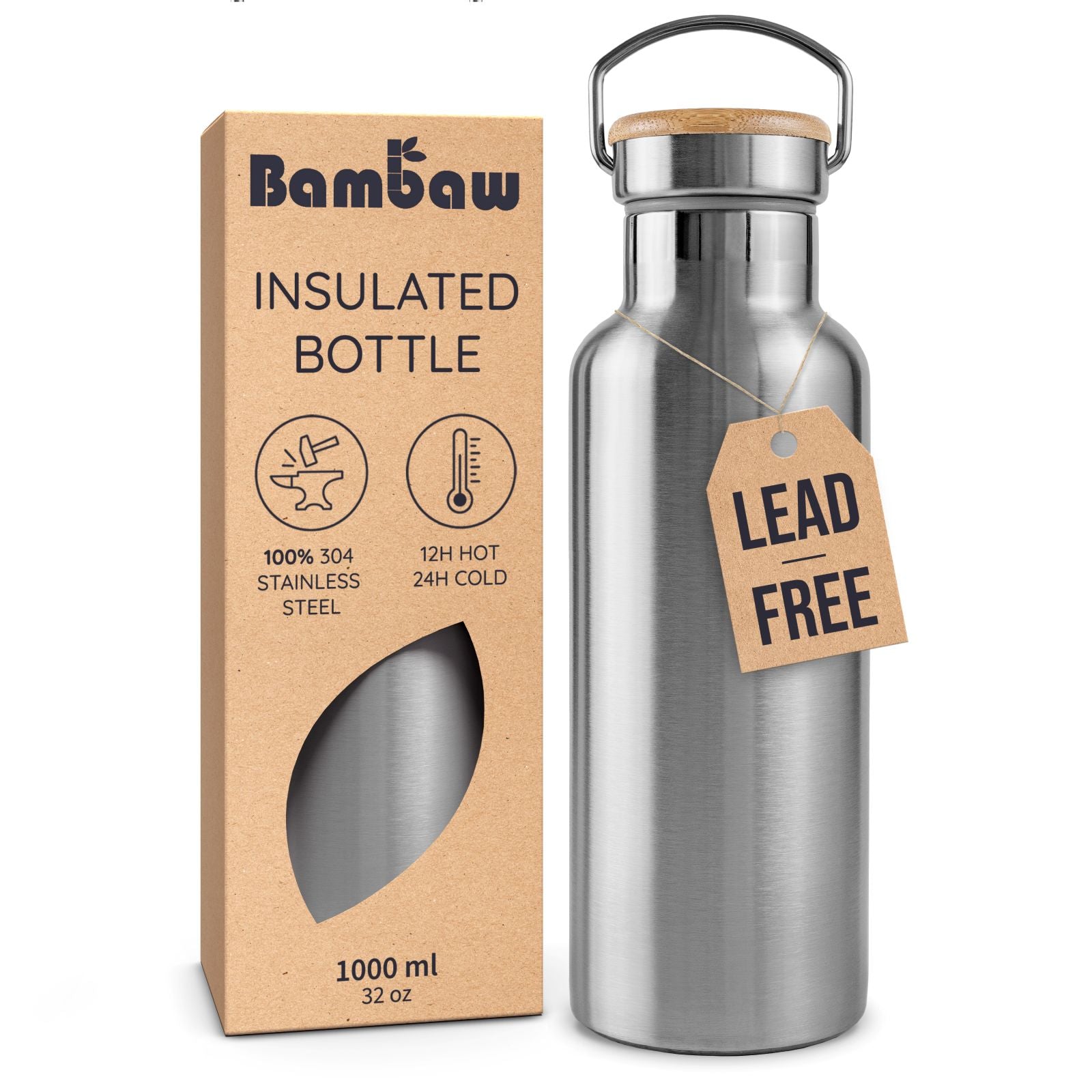 Bambaw insulated bottle with packaging and &#39;Lead Free&#39; tag on a white background