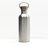 Close up of a non insulated stainless steel water bottle neck with a built in carry handle and visible threading