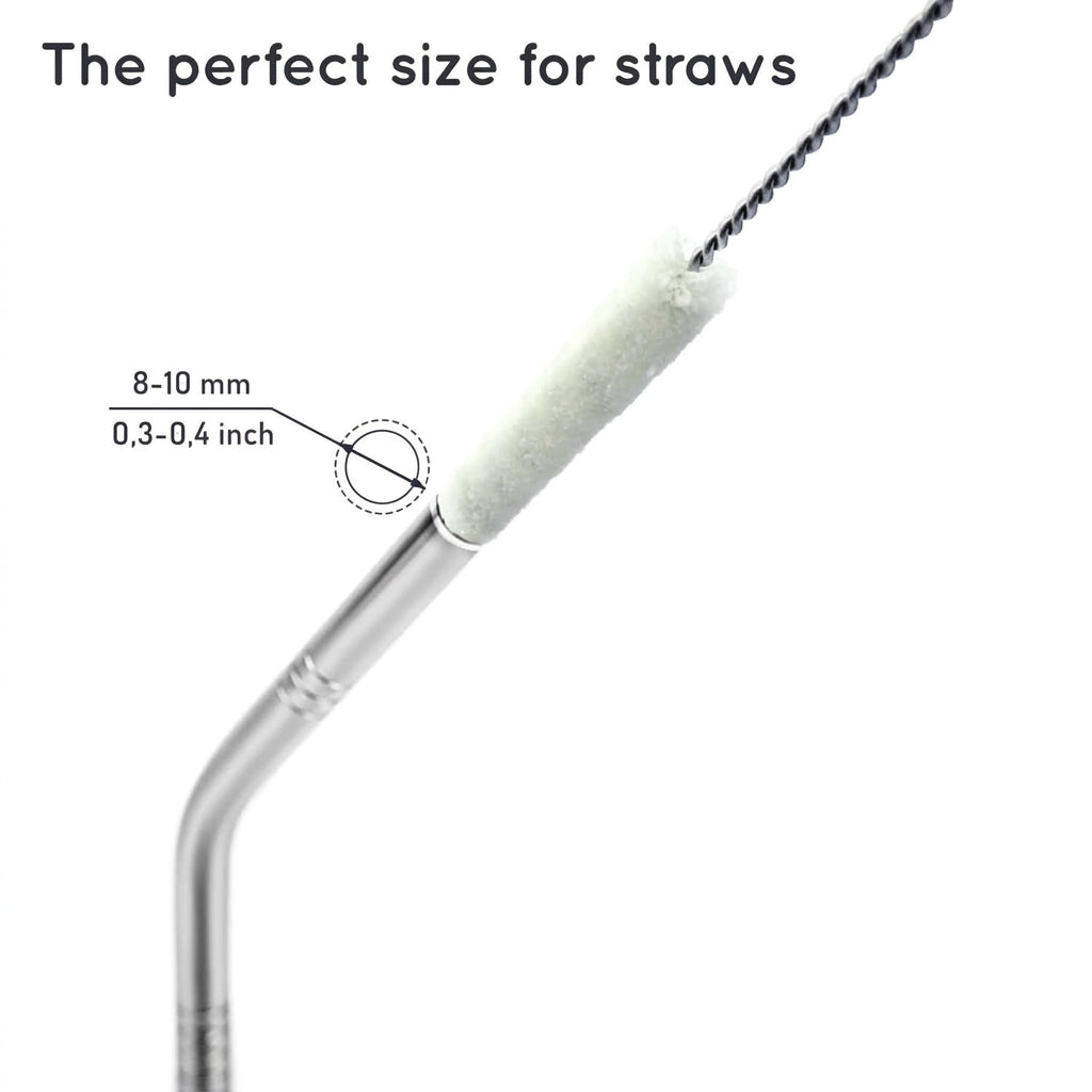 Cotton straw brush with curved stainless steel handle and white cylindrical bristles for cleaning straws
